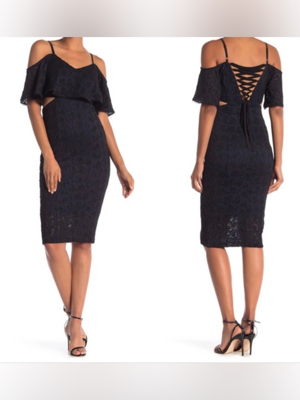Rachel Rachel Roy Mia Lace Cold Shoulder Side Cut Out Navy Midi Dress - Size 0